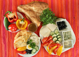 Traditional Turkish breakfast on fabric background