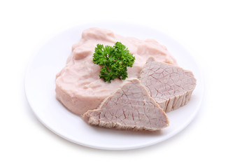 Meat paste for infant feeding, isolated on white