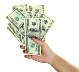 Female hand with dollars close up isolated on white