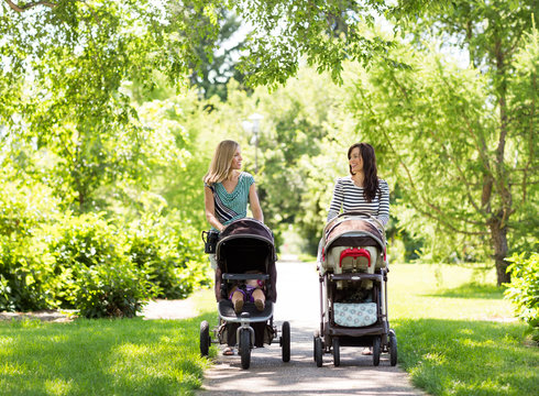 Mothers With Baby Carriages Walking In Park