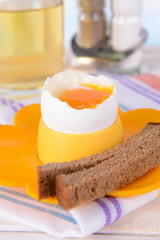 Boiled egg in egg cup on table close-up