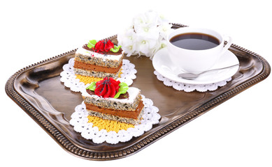 Tasty cakes on tray isolated on white