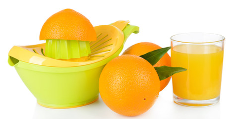 Citrus press and oranges isolated on white