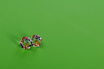 Two dice on green gaming table with space for text