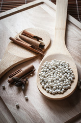 herbs and spices on wooden closeup