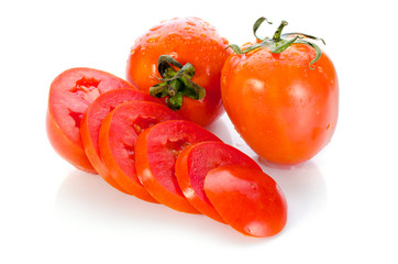 Red tomato slide with water drop on white background .