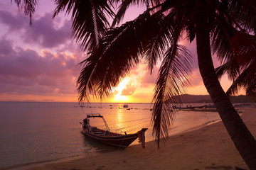 Small boat under the palm trees on tropical beach at sunset