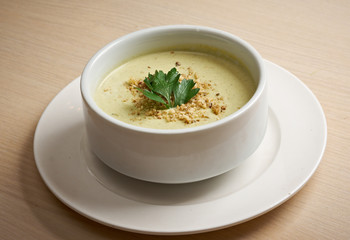 cream soup in white bowl