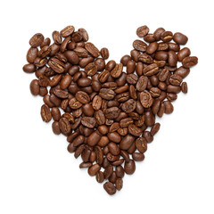 Coffee beans in heart shape isolated on white background