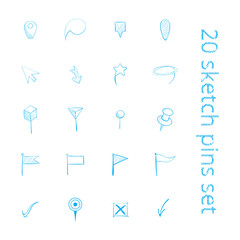 Blue sketch pins set for web, maps or documents