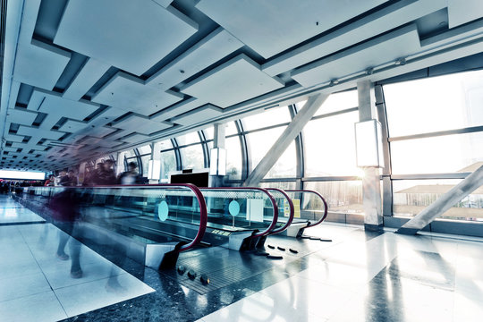 Modern building interior with escalator