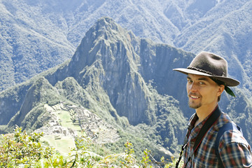 Fototapeta na wymiar Tourist on Machu Picchu