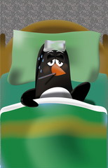 Sick penguin with fever and gripe in bed