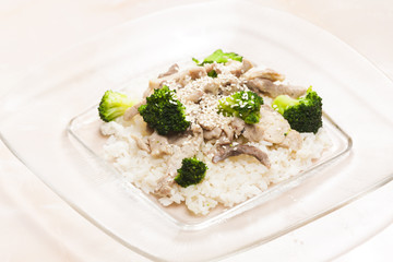 pork meat with broccoli and rice