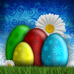 Happy Easter card - colored eggs and spring flowers