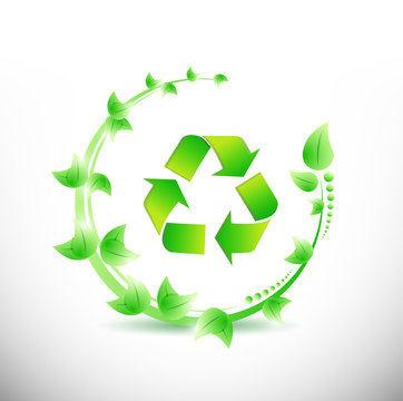 green leaves around a recycle symbol. illustration