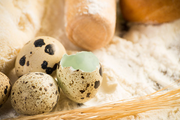 Fototapeta na wymiar flour, eggs, white bread, wheat ears