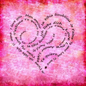 Calligramme de mots d'amour fond rose, amour traduit dans toutes les langues