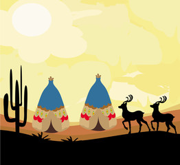 wild landscape with two wigwams and wild animals © diavolessa