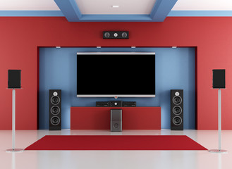 Red and blue home cinema room