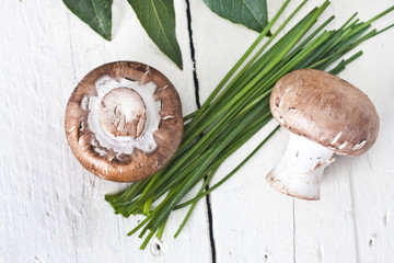 Still life of mushrooms and raw mushrooms
