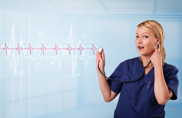 Pretty medical doktor listening to red pulse and heart rates