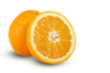 Fresh juicy ripe sliced oranges on white background