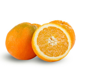 Fresh juicy ripe sliced oranges on white background