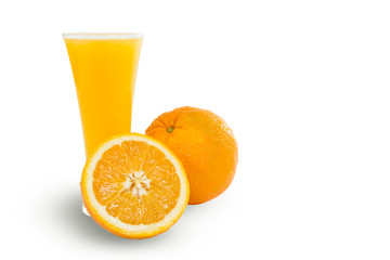 Glass of fresh orange juice with sliced oranges on white backgro