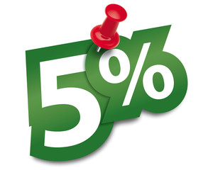 Five percent sticker fixed by a thumbtack. Vector illustration