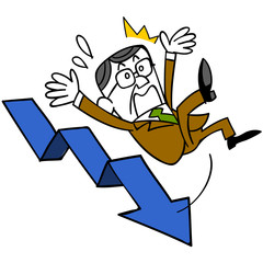 下降する矢印と転倒する中年ビジネスマン