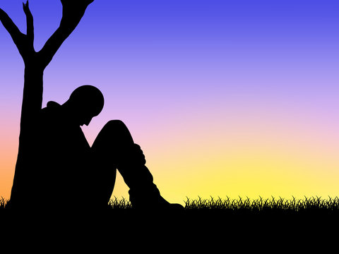 Ilustração de homem sentado ao anoitecer - reflexão sobre a vida - solidão e depresssão