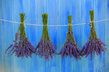 Lavender herbs drying on the wooden barn