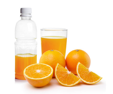 orange juice in the Plastic bottle and glass