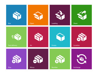 Box icons on color background.
