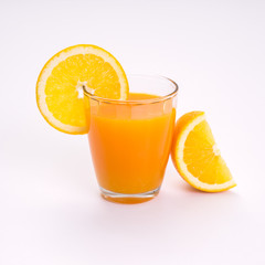 Orange juice and slice on white background
