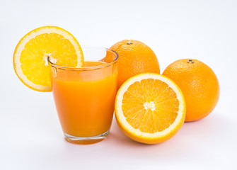 Orange juice and slice on white background