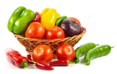 Fresh vegetables in basket isolated on white. Bio Vegetable.  Co