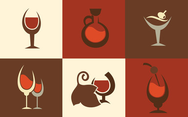 alcohol symbols, wine and cocktails in flat style