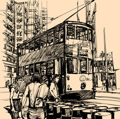 Fototapeta premium street in Hong Kong with a tramway