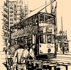 Papier Peint photo Art Studio street in Hong Kong with a tramway