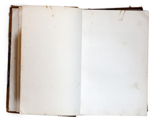 Old open book with blank pages isolated on white