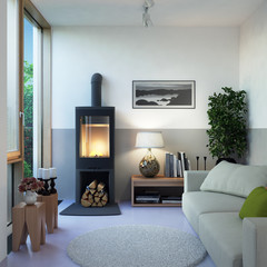 Schwedenofen vor Sofa - Fireplace in front of a sofa - obrazy, fototapety, plakaty
