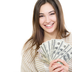 Cheerful attractive young lady holding cash and happy smiling ov