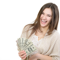 Cheerful attractive young lady holding cash and happy smiling ov