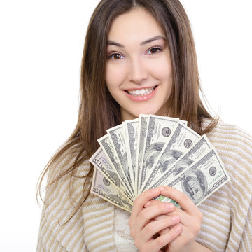 Cheerful attractive young lady holding cash and happy smiling