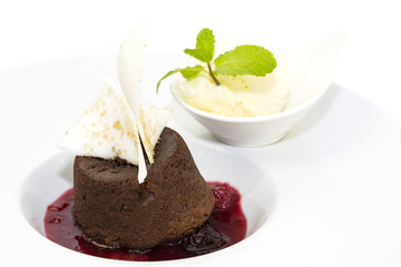poppy seed dessert with ice cream on white background