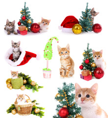 Collage of kittens with Christmas decorations isolated on white