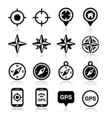 GPS navigation, wind rose, compass icons set