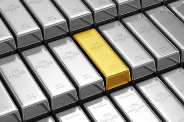 Stack of Silver and Golden Bars in the Bank Vault